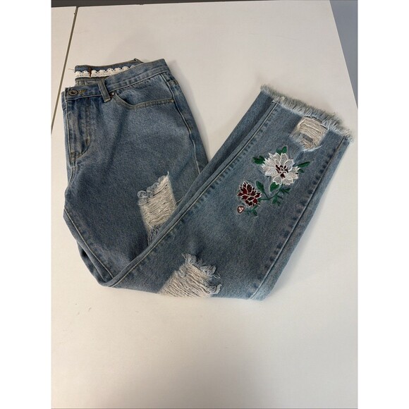 POL Floral Embroidered Crop Distressed 100% Cotton Jeans Bohemian Raw Hem Sz S